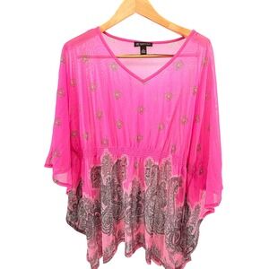INC International Concepts‎ Hot Pink Paisley Mesh Kaftan Top V-Neck Plus 2X